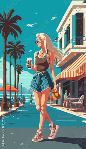 Summer concept. Girl on the way to summer holidays. Vector art. Generative AI technology.