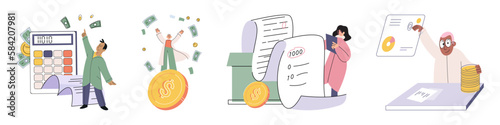 Set of people analyzing personal or corporate budget. Concept of finance accounting and calculation of financial income and expenses report. Financial consultant with document for tax computation