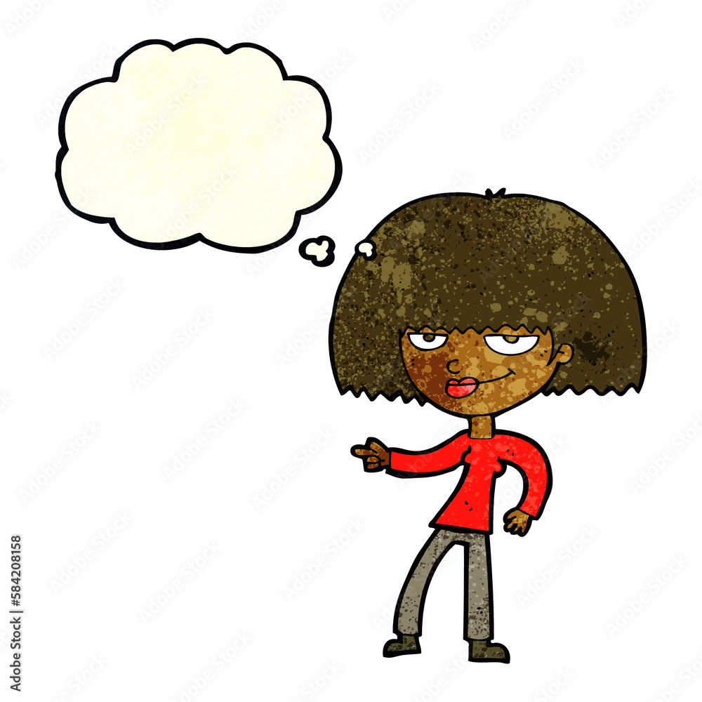 cartoon happy woman pointing with thought bubble cartoon happy woman pointing with thought bubble