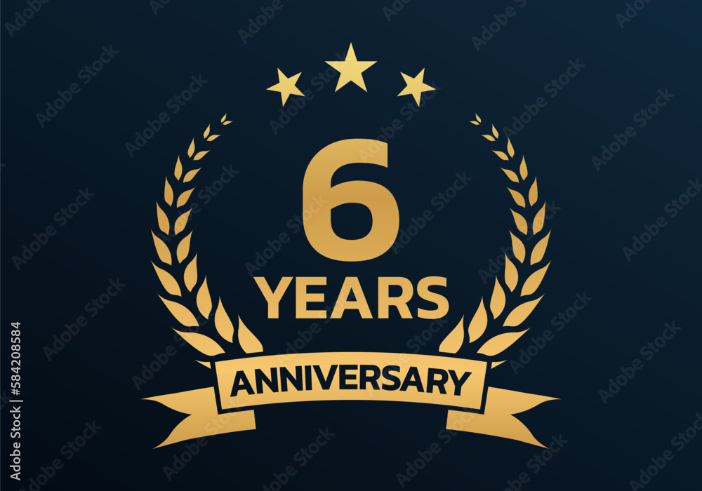 Naklejka premium 6 year anniversary laurel wreath logo or icon. Jubilee, birthday badge, label or emblem. 6th celebration design element. Vector illustration.