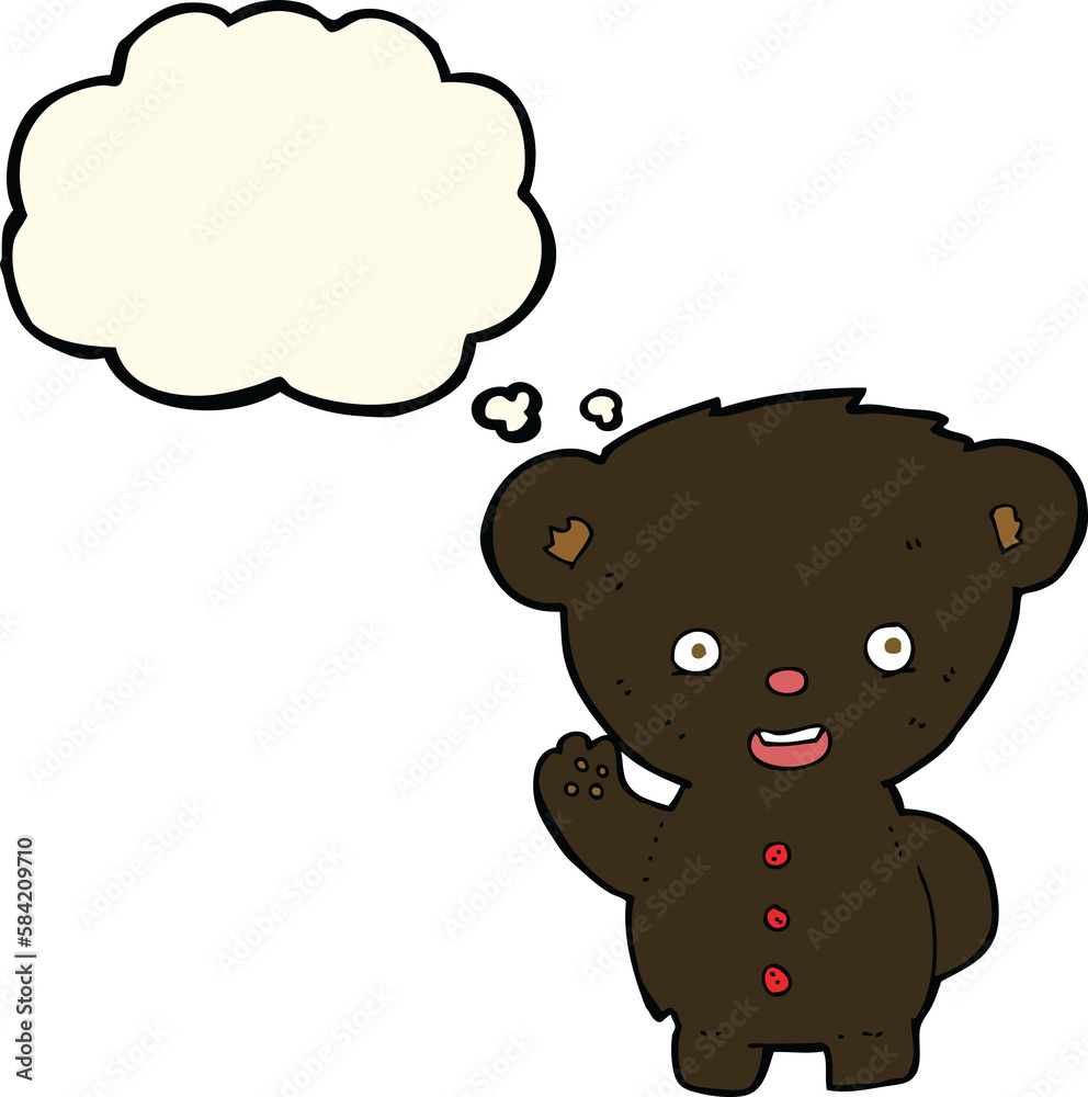 cartoon waving black bear cub with thought bubble