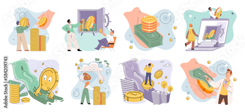 Businessman investor with coins. Employee or entrepreneur puts money in piles, calculates profit. Financial literacy and passive income, successful investor. Person stands holding bag of money