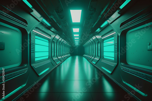 Futuristic Long Hallway of Spaceship with Blue-Green Light - Panoramic View, Generative AI