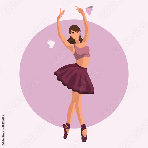 Vector illustration classical ballet. Caucasian white woman ballet dancer in a tutu and pointe shoes dancing with butterflies on purple circle background in a flat style