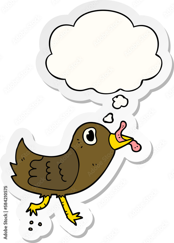 cartoon bird with worm and thought bubble as a printed sticker cartoon bird with worm and thought bubble as a printed sticker