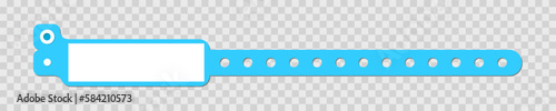 Hospital identification bracelet mockup. Medical wrist band template with blank label for patient information. Entrance armlet isolated on transparent background. Vector illustration