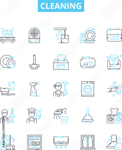 Cleaning vector line icons set. Scrubbing, Polishing, Washing, Sweeping, Sanitizing, Mopping, Disinfecting illustration outline concept symbols and signs