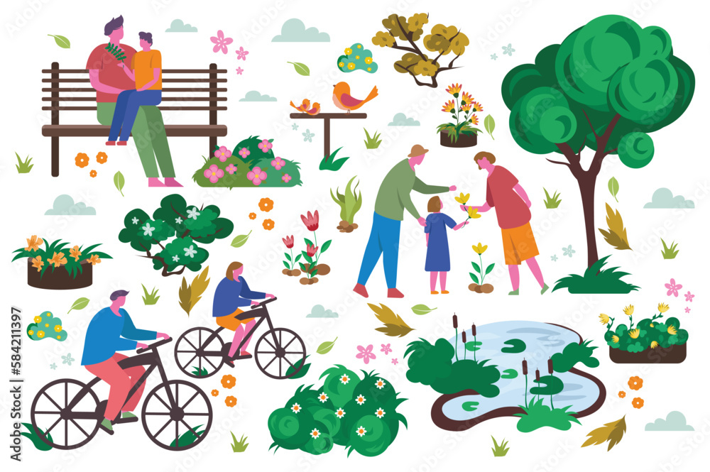 Nature and family set concept with people scene in the flat cartoon design. Image of happy family spending time together in nature. Vector illustration.