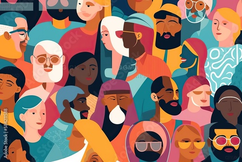 mix of flat minimal flat portrait of a group of people, inclusion a diversity conpet art