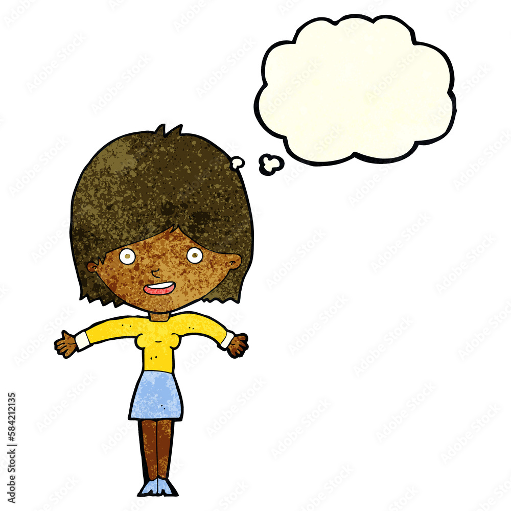 cartoon excited woman with thought bubble cartoon excited woman with thought bubble