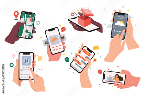 Hands set concept in the flat cartoon design. People constantly hold mobile devices in their hands to communicate with the world. Vector illustration.
