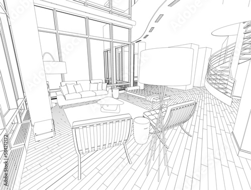 Outline of the interior with large windows with a sofa, armchairs, a table and other black lines isolated on a white background. Vector illustration.