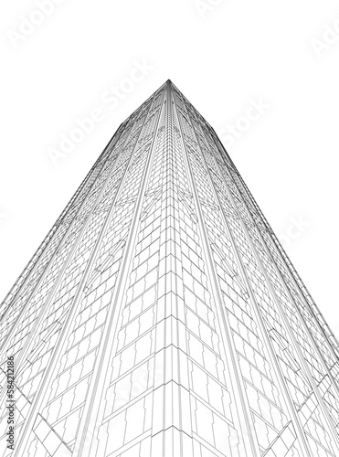 Outline of a multi-storey skyscraper from black lines isolated on a white background. Bottom view. 3D. Vector illustration.