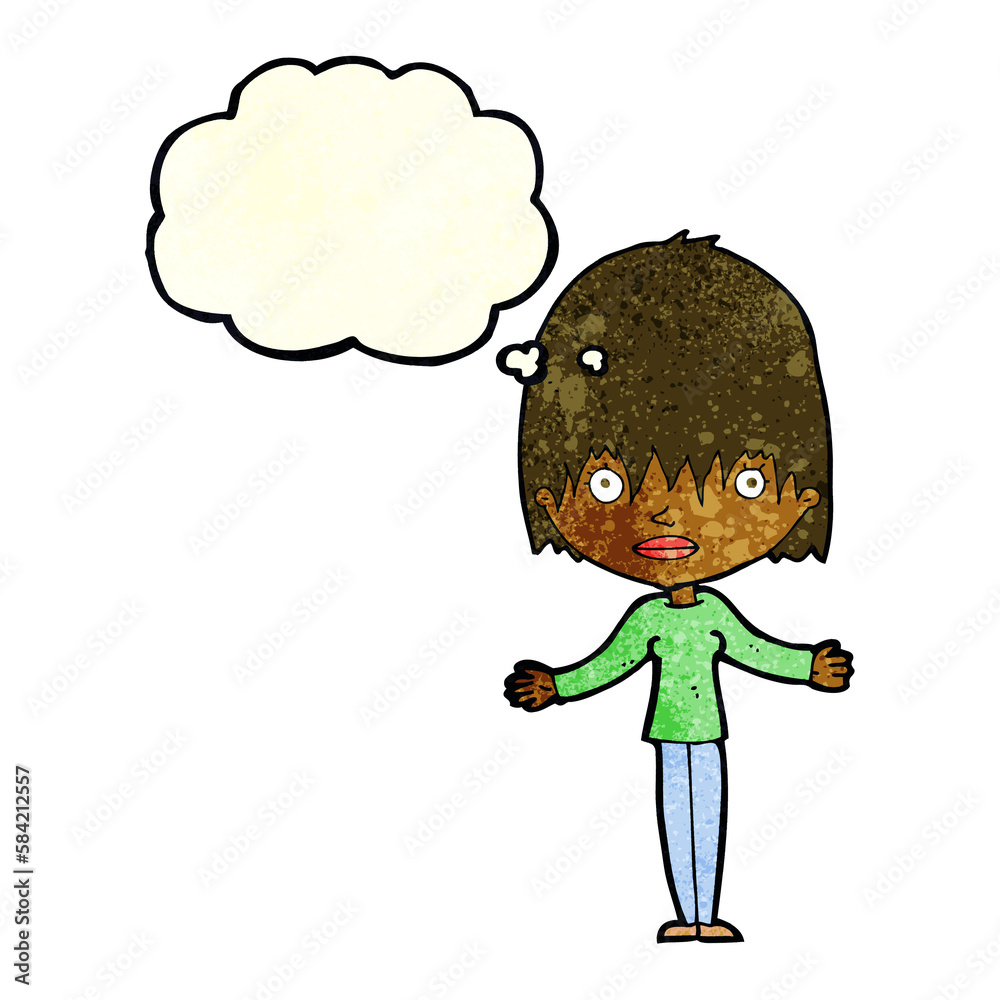 cartoon woman shrugging shoulders with thought bubble cartoon woman shrugging shoulders with thought bubble
