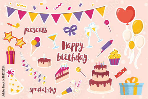 Birthday celebration decorative stickers set concept in the flat cartoon design on the pink background. Stickers with attributes for a birthday party. Vector illustration.