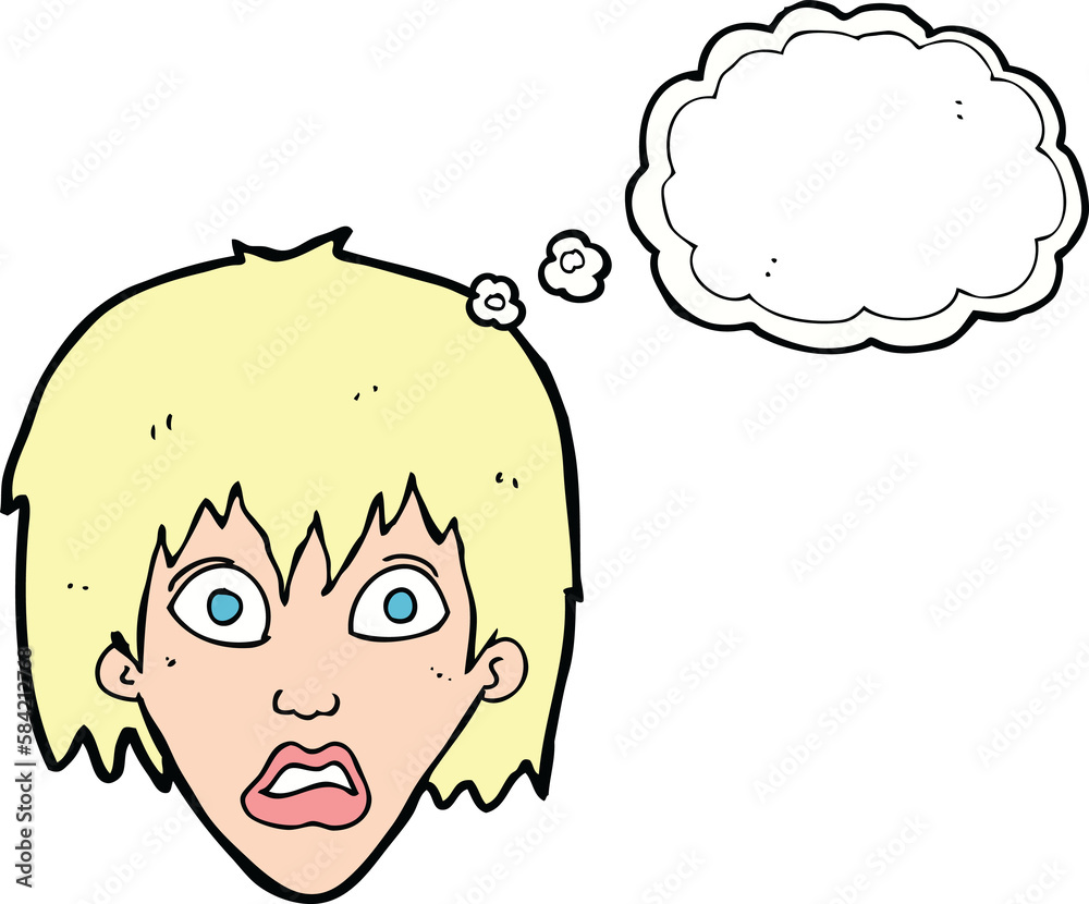 cartoon frightened woman with thought bubble