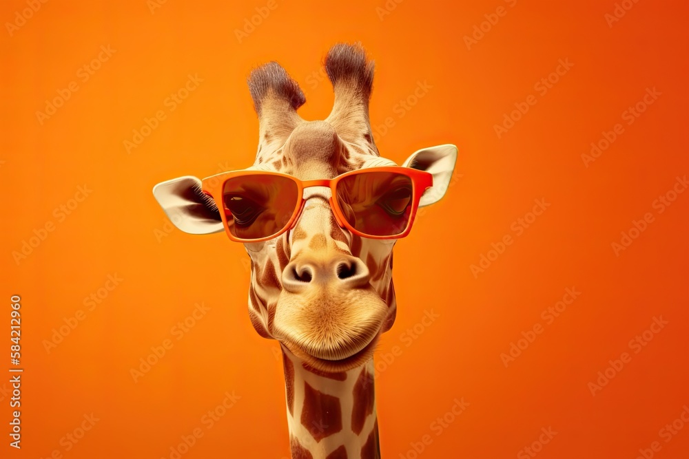 Portrait Of A Smiling Giraffe Wearing Sunglasses in An Orange Background