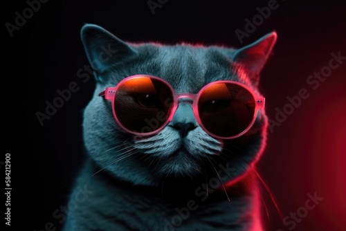 Portrait Of A Smiling Fluffy Cat Wearing Sunglasses In A Red Background © Aruni