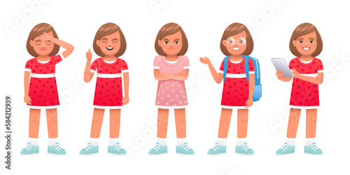 Girl stands dissatisfied with her arms crossed, in sadness, with a tablet in her hand, with a backpack behind her back, a gesture of approval. Little beautiful girl in full growth. Cute white baby