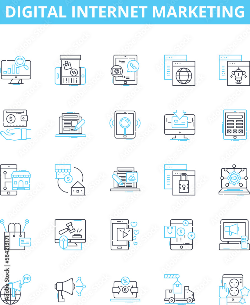 Digital internet marketing vector line icons set. Online, Digital, Advertising, SEO, SEM, Branding, Content illustration outline concept symbols and signs