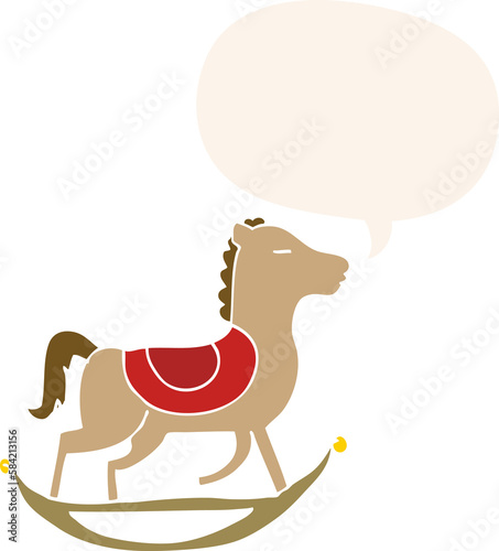 cartoon rocking horse and speech bubble in retro style