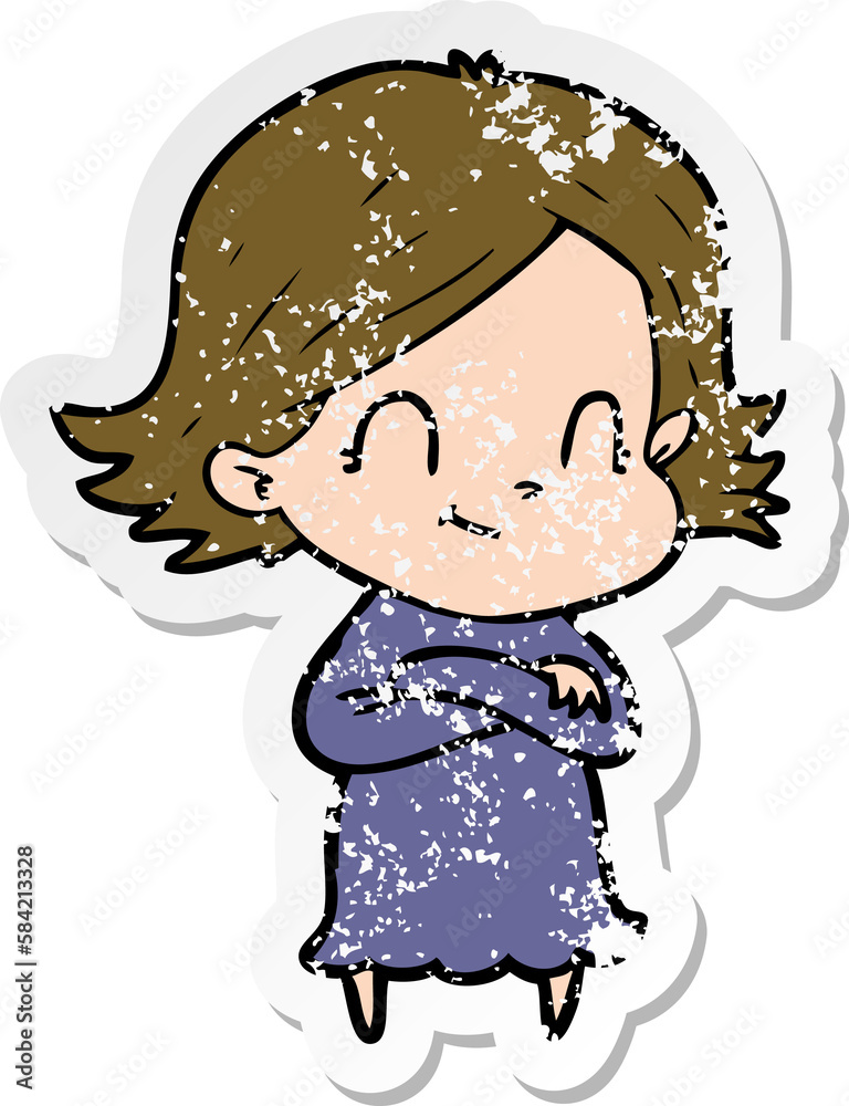 distressed sticker of a cartoon friendly girl distressed sticker of a cartoon friendly girl