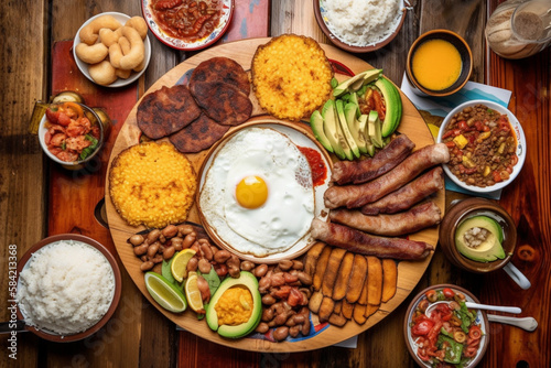Traditional Generative AI Colombian Food Bandeja Paisa in a Restaurant 