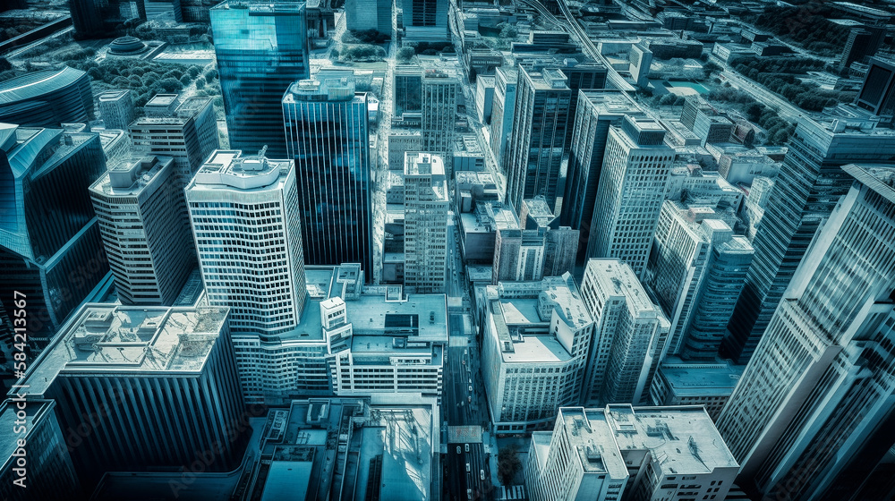 Ubeity. The state of being in a definite place. Urban skyline view of a fictitious city. Created with Generative AI.