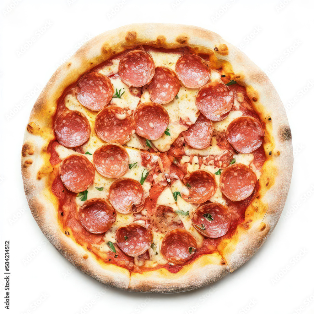 Top view product shot of a classic salami pizza with a thick and fluffy crust, topped with multiple slices of salami, isolated on a white background. (Generative AI)