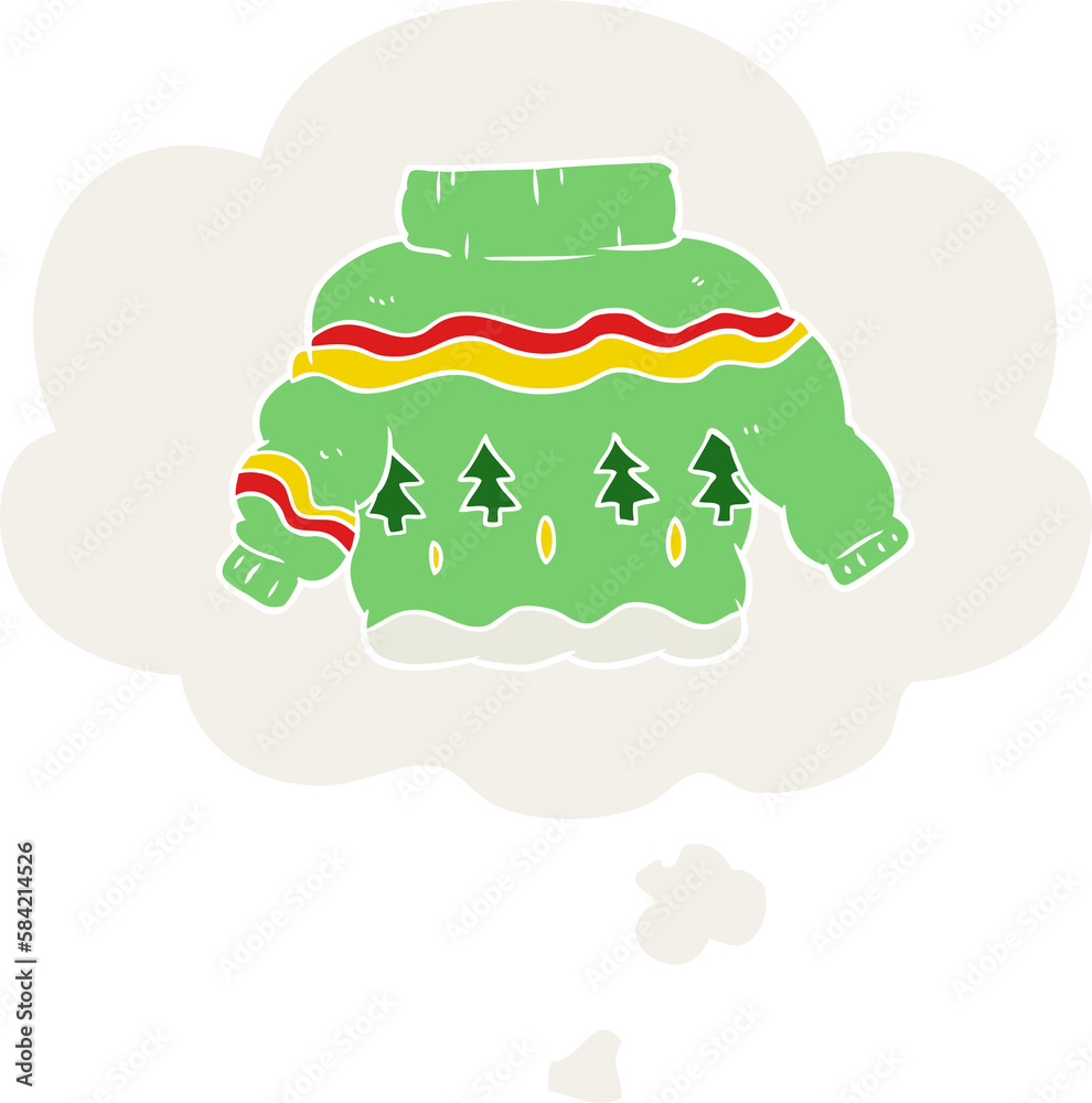 cartoon christmas jumper and thought bubble in retro style