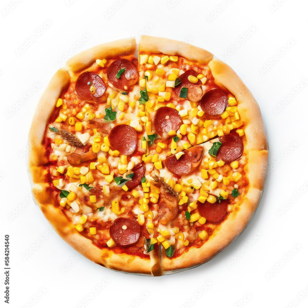 Product shot of a salami pizza with corn, viewed from directly above and isolated on a white background. (Product Shot / Generative AI) Product shot of a salami pizza with corn, viewed from directly above and isolated on a white background. (Product Shot / Generative AI)