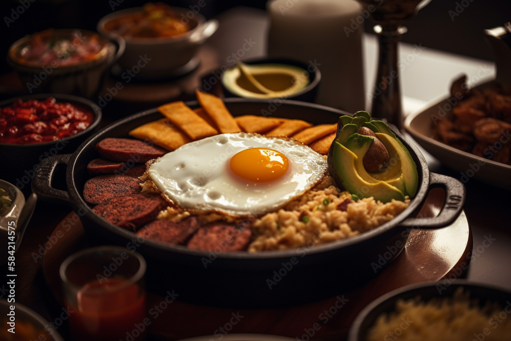 Traditional Generative AI Colombian Food Bandeja Paisa in a Restaurant
