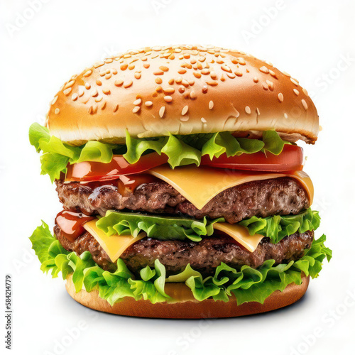 Product shot of a double cheeseburger with lettuce, tomato, and burger sauce, isolated on a white background for a Menu-Card (Generative AI)