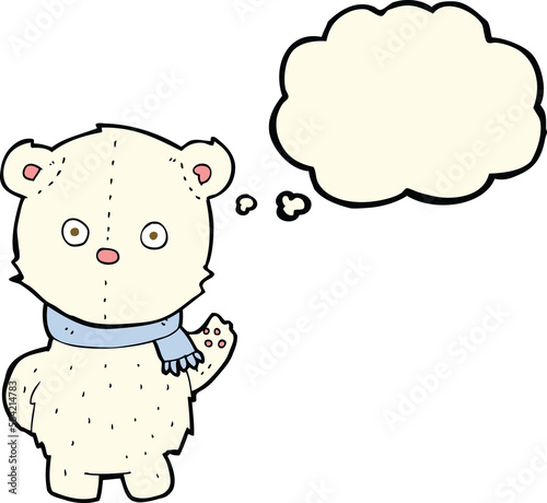 cartoon waving polar bear cub with thought bubble