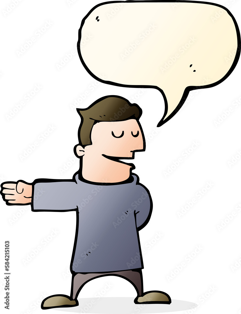 cartoon man gesturing direction with speech bubble