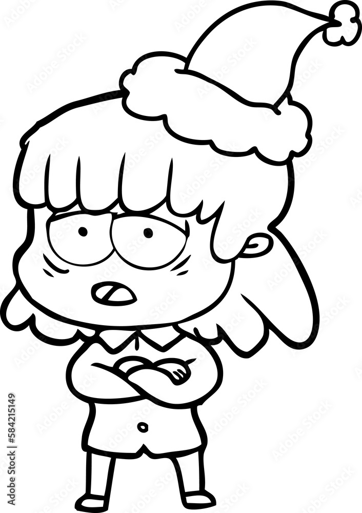 line drawing of a tired woman wearing santa hat line drawing of a tired woman wearing santa hat