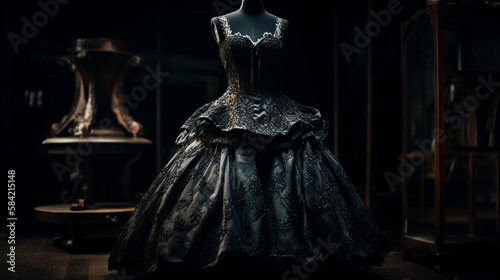 Black Couture Wedding Gown Hanging on a Dress Form, Moody and Dramatic, Lace Bridal Dress, Photography Inspired, Generative AI