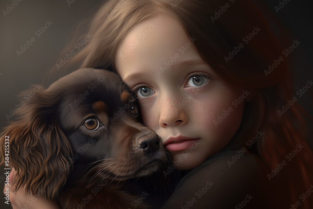Puppy love - a sweet young girl child hugging her cute dog. Generative AI. Puppy love - a sweet young girl child hugging her cute dog. Generative AI.