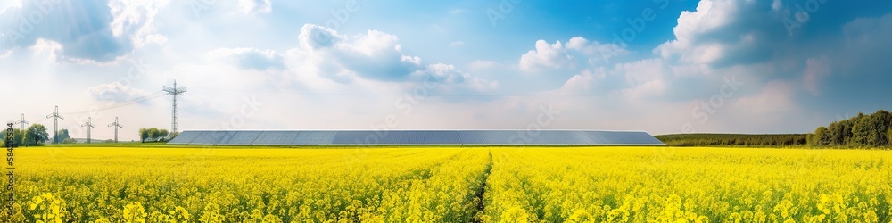 Panoramic banner with solar panel factory with rapeseed flowers, field in bloom, AI generative horizontal panorama, border