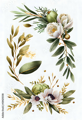 Watercolor Olive branch and floral seamless border, White and green flower arrangement with a gold leaf isolated