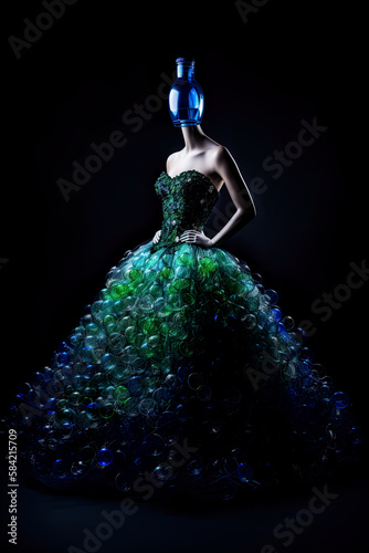 Plastick packaging upcycling, designer dress, ball gown made with recycled thin plastic packaging, AI generative