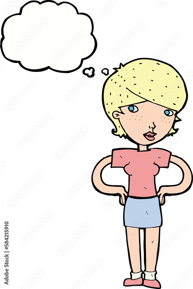 cartoon woman with hands on hips with thought bubble cartoon woman with hands on hips with thought bubble