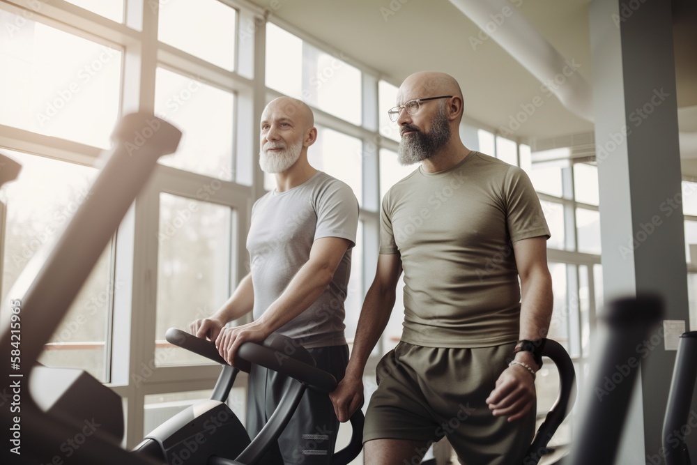 Middle-aged men, two friends during gym workout, AI generative Middle-aged men, two friends during gym workout, AI generative