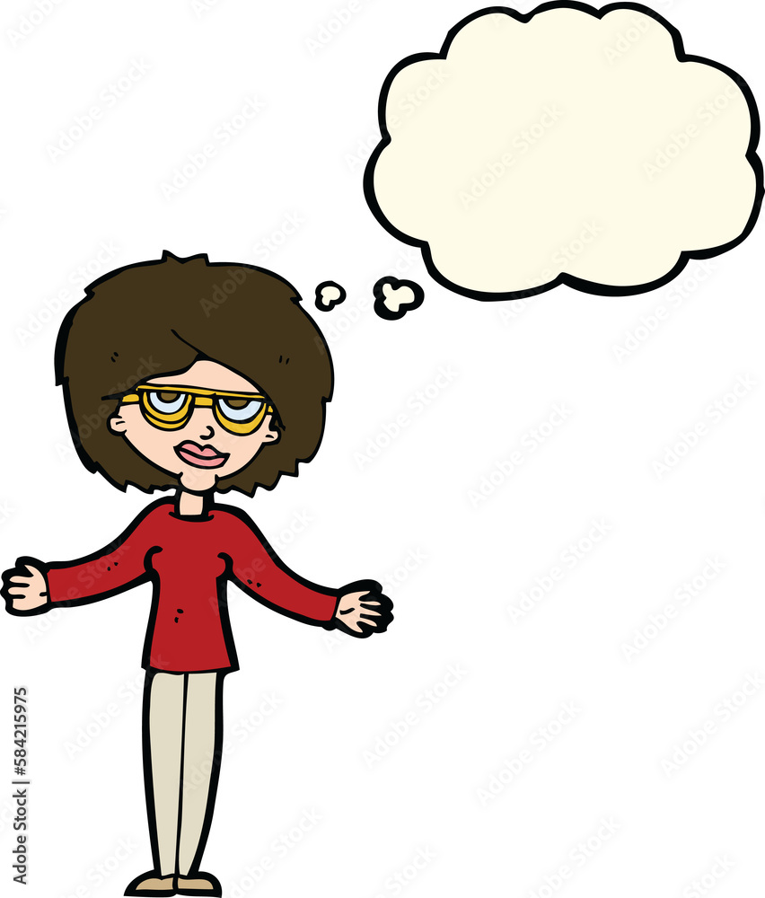 cartoon woman wearing spectacles with thought bubble cartoon woman wearing spectacles with thought bubble