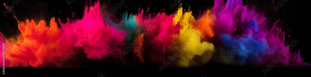 Panoramic banner with holi powder explosions, vibrant colors, multicolor powder, AI generative panorama