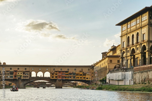 Ponte Vecchio seen from a boat on the Arno River in Florence, Tuscany, Italy