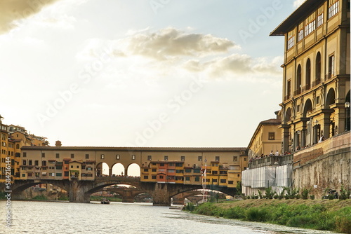 Ponte Vecchio seen from a boat on the Arno River in Florence, Tuscany, Italy