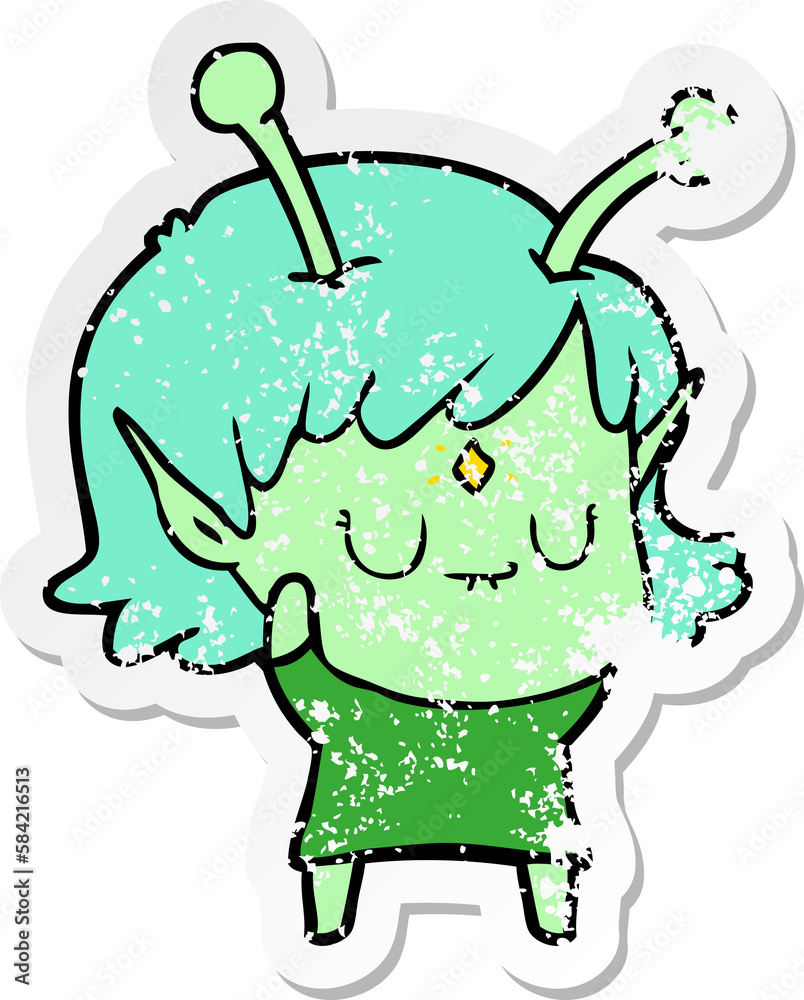 distressed sticker of a cartoon alien girl