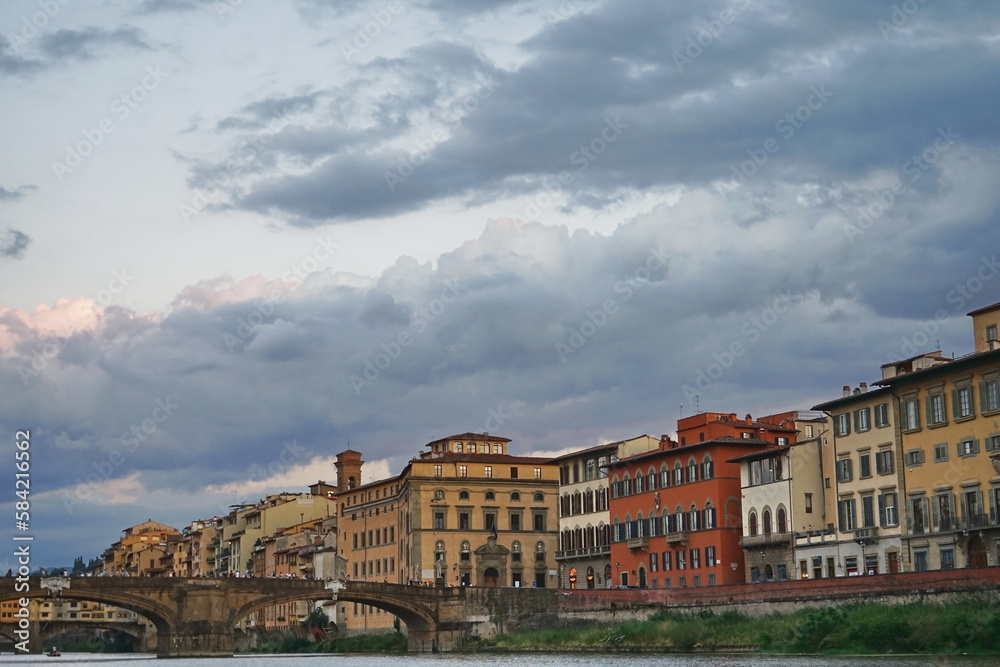 Santa Trinita bridge seen from a boat on the Arno River in Florence, Tuscany, Italy