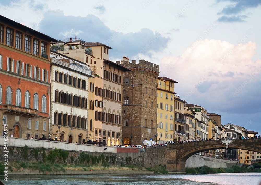 Santa Trinita bridge seen from a boat on the Arno River in Florence, Tuscany, Italy